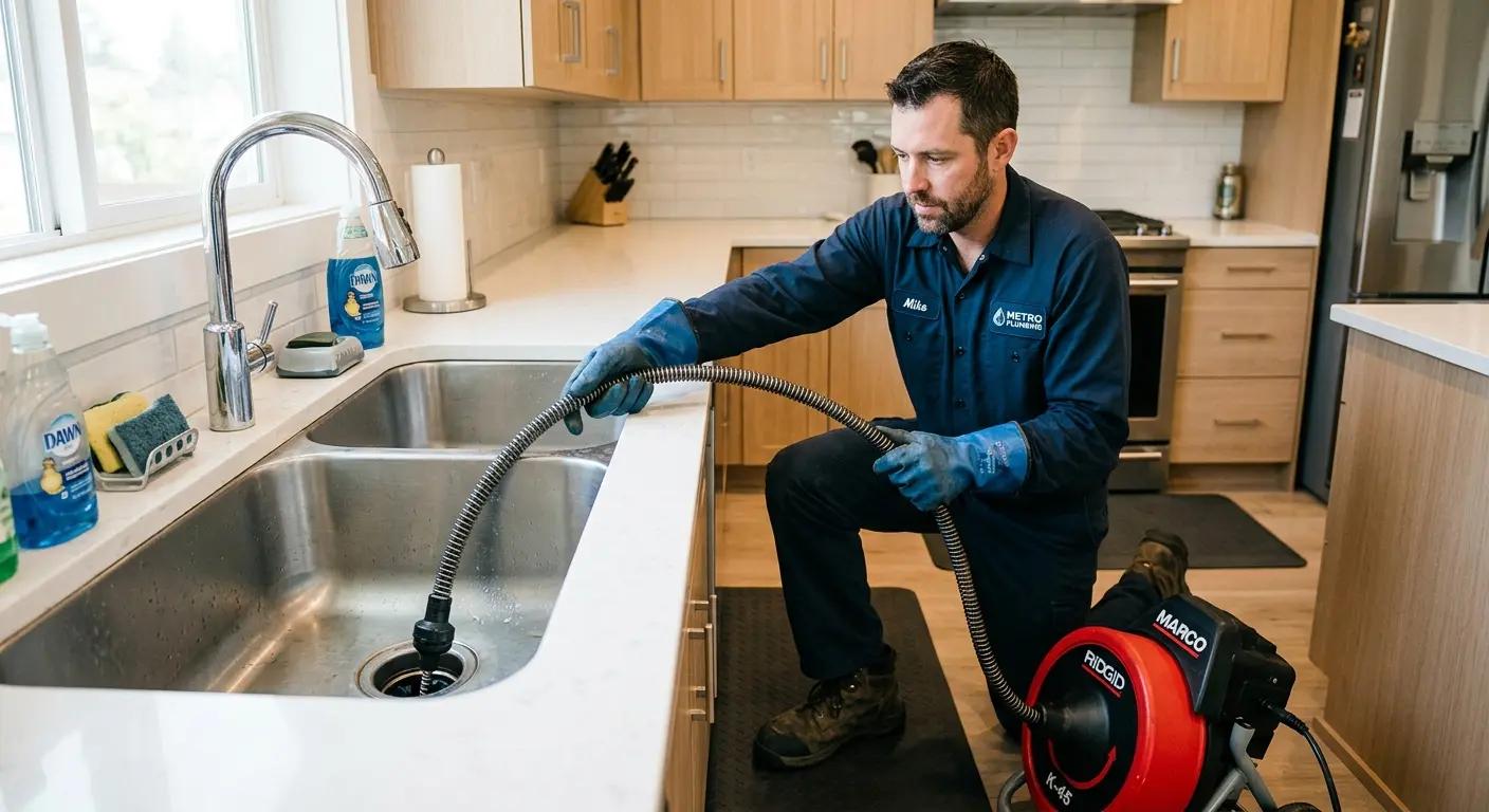 Drain cleaning technician using a motorized snake on a kitchen sink in Prosser