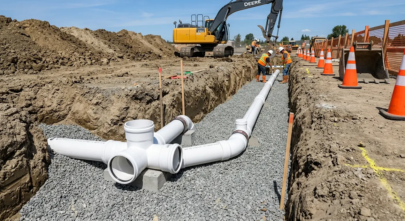 New PVC sewer pipe installation in open trench for Sewer Backup in Prosser
