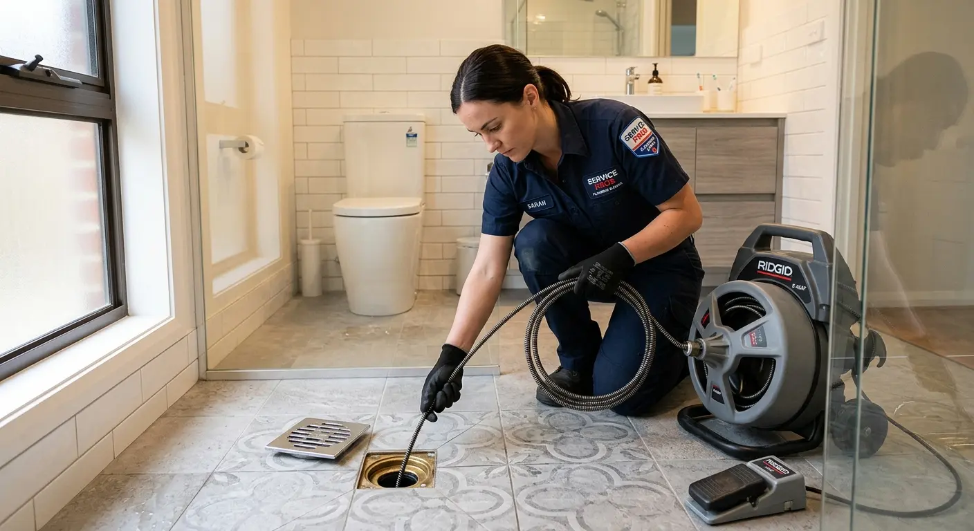 Technician clearing a bathroom floor drain for Drain Cleaning in Prosser